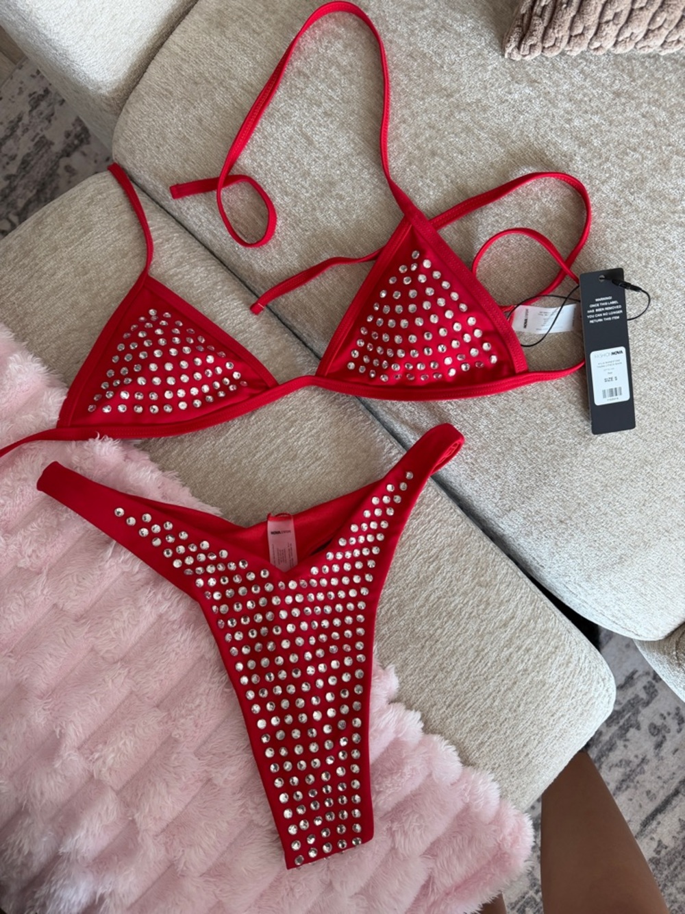 Fashionnova Red Embellished Triangle Bikini Set - Women Swim